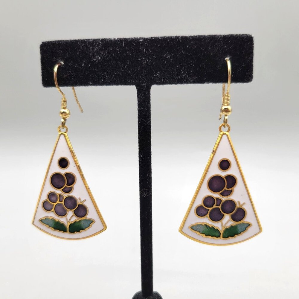 Cloisonne Floral Drop Dangle Earrings Gold Tone Hooks